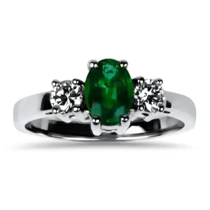 White Gold Oval Emerald and Diamond Three Stone Ring