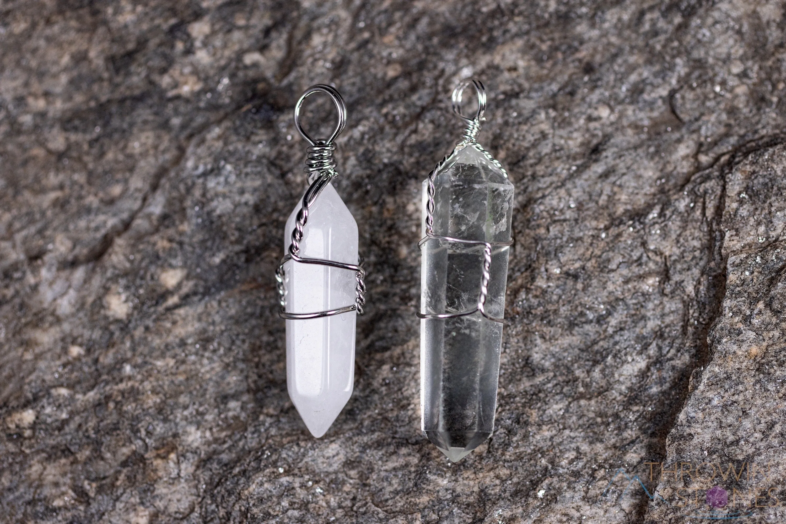 WHITE or CLEAR QUARTZ Crystal Points Pendant - Wire Wrapped Crystal Necklace, Handmade Jewelry, Healing Crystals and Stones, E0140