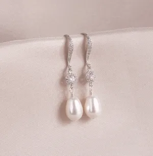 White Pearl & Silver Dangle Earrings