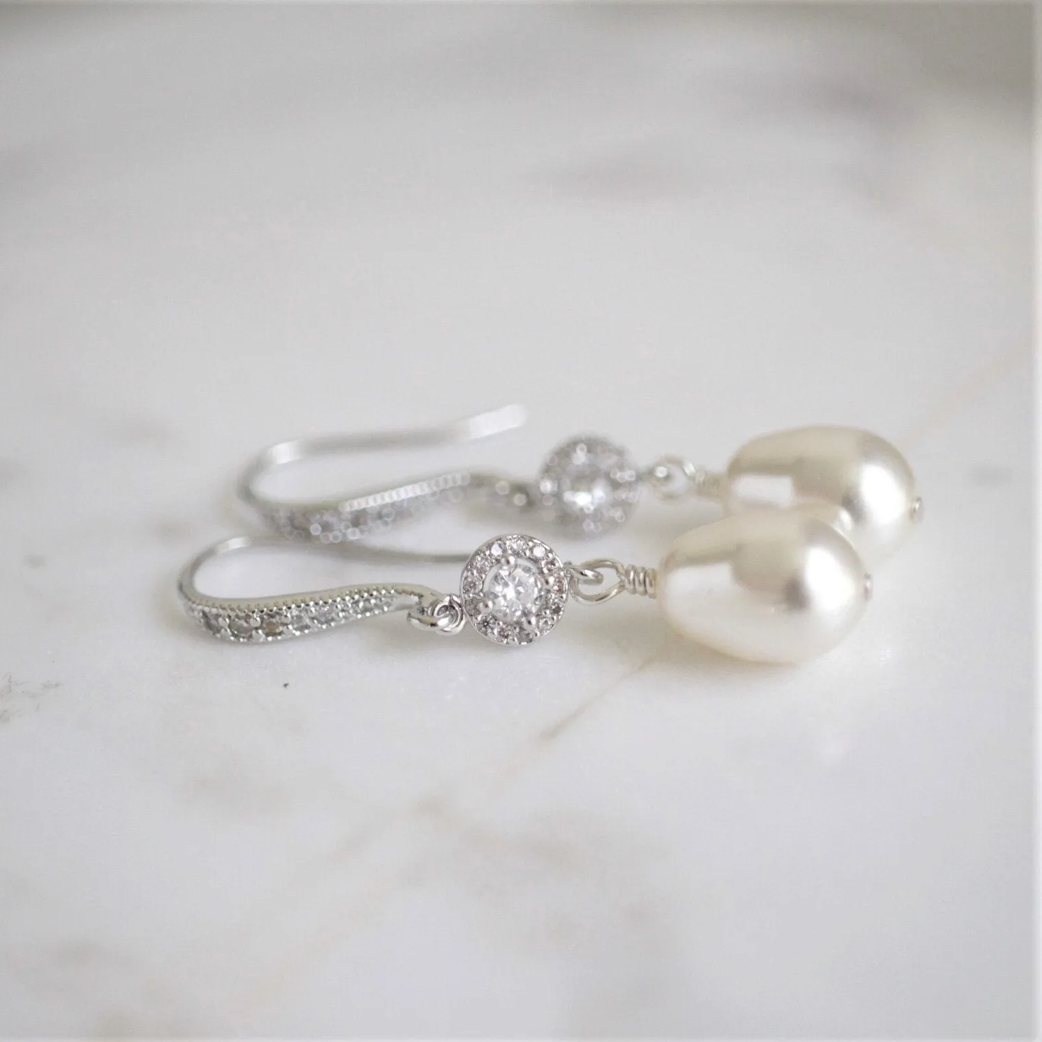 White Pearl & Silver Dangle Earrings