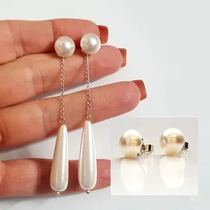 White Shimmer -  Swarovski Pearl Studs & Shell Pearl 2-Way Long Dangle | KJ-389E Handmade Earrings