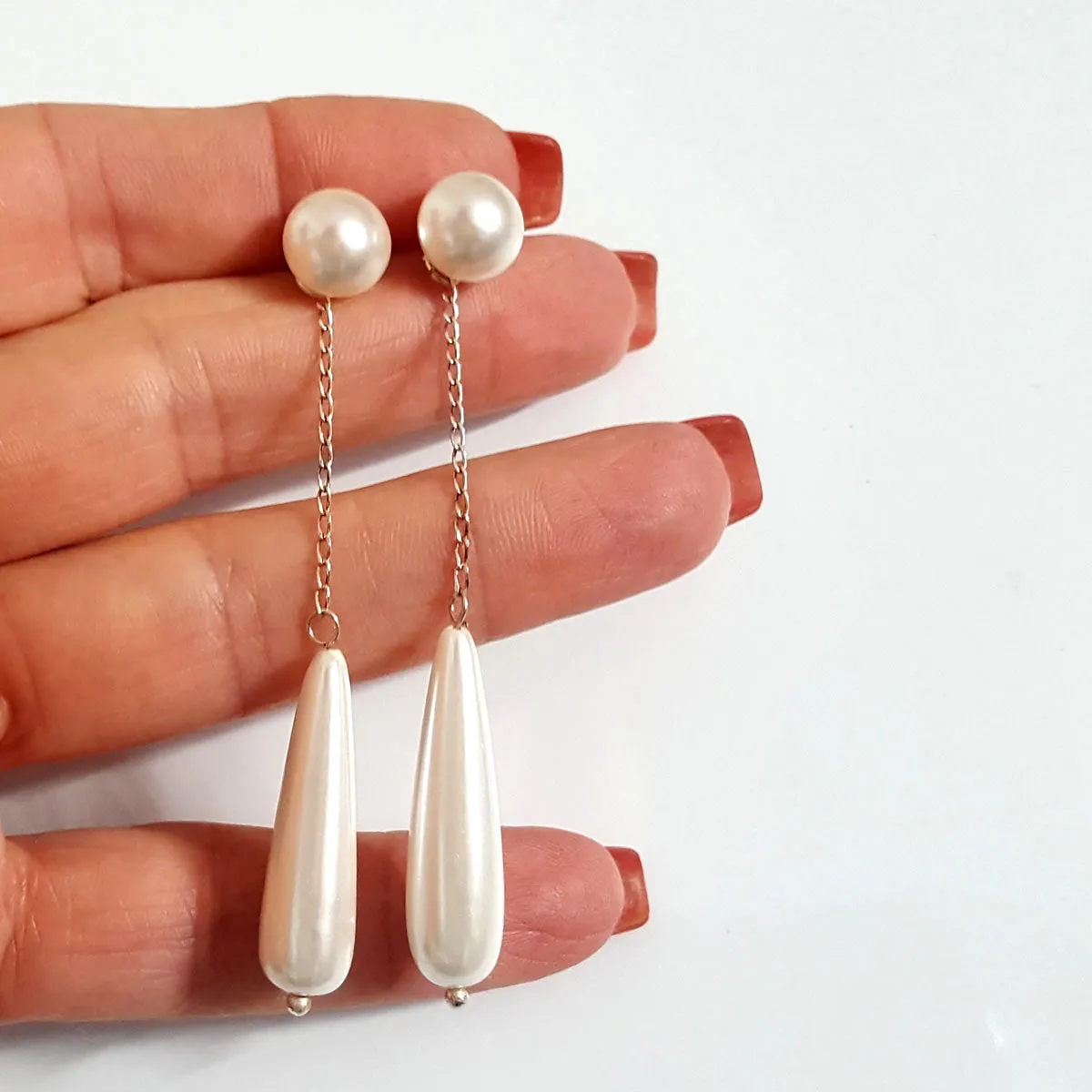 White Shimmer -  Swarovski Pearl Studs & Shell Pearl 2-Way Long Dangle | KJ-389E Handmade Earrings