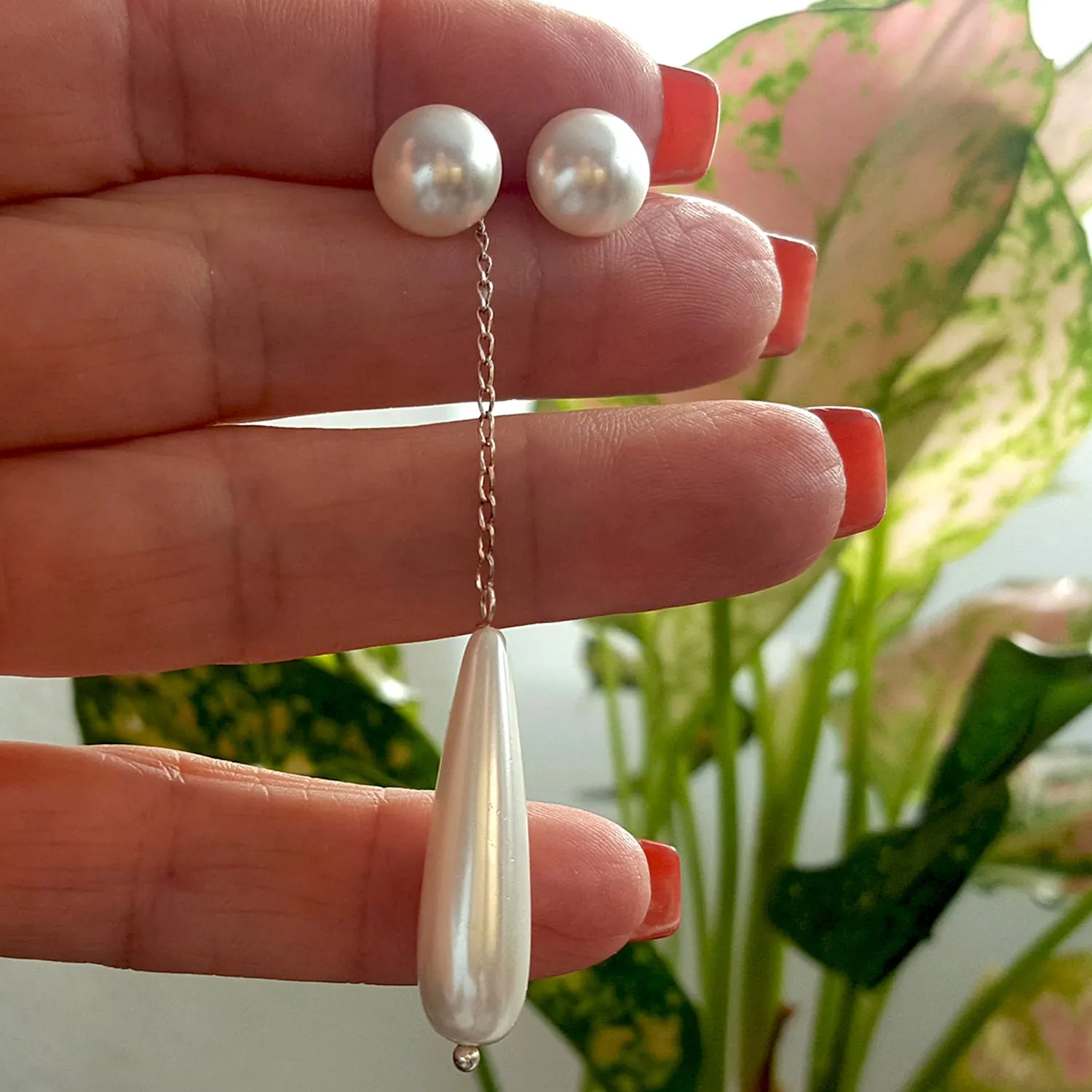 White Shimmer -  Swarovski Pearl Studs & Shell Pearl 2-Way Long Dangle | KJ-389E Handmade Earrings