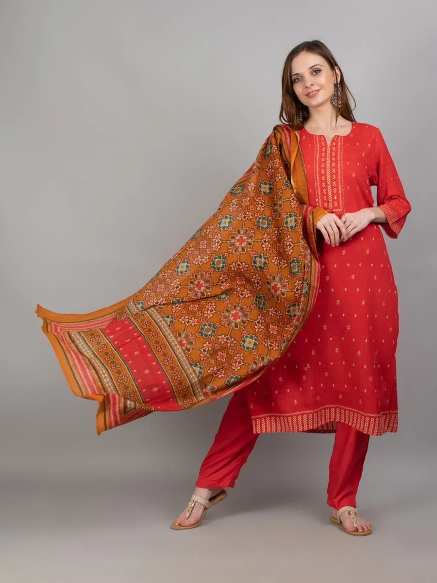 Women Coral Geometric Printed Kurta Trouser Dupatta