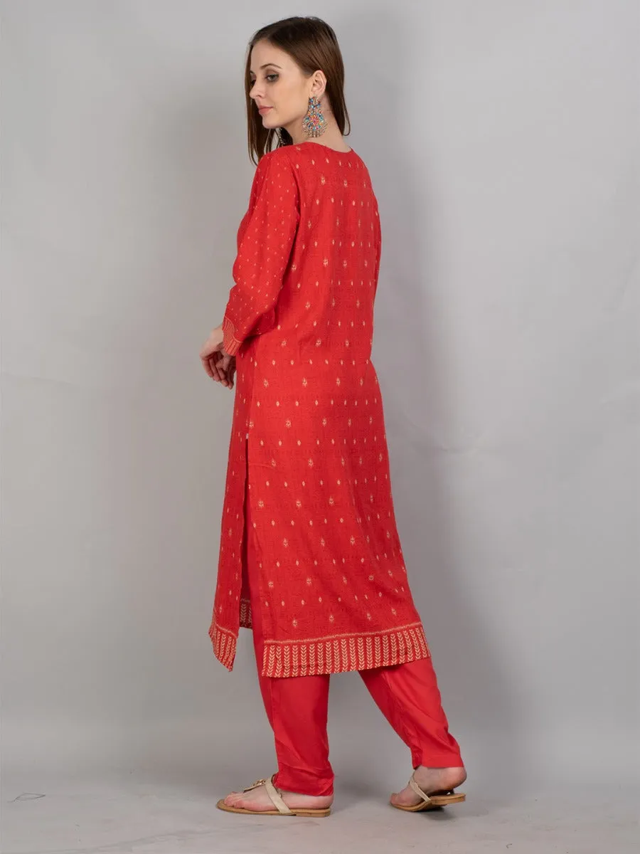 Women Coral Geometric Printed Kurta Trouser Dupatta