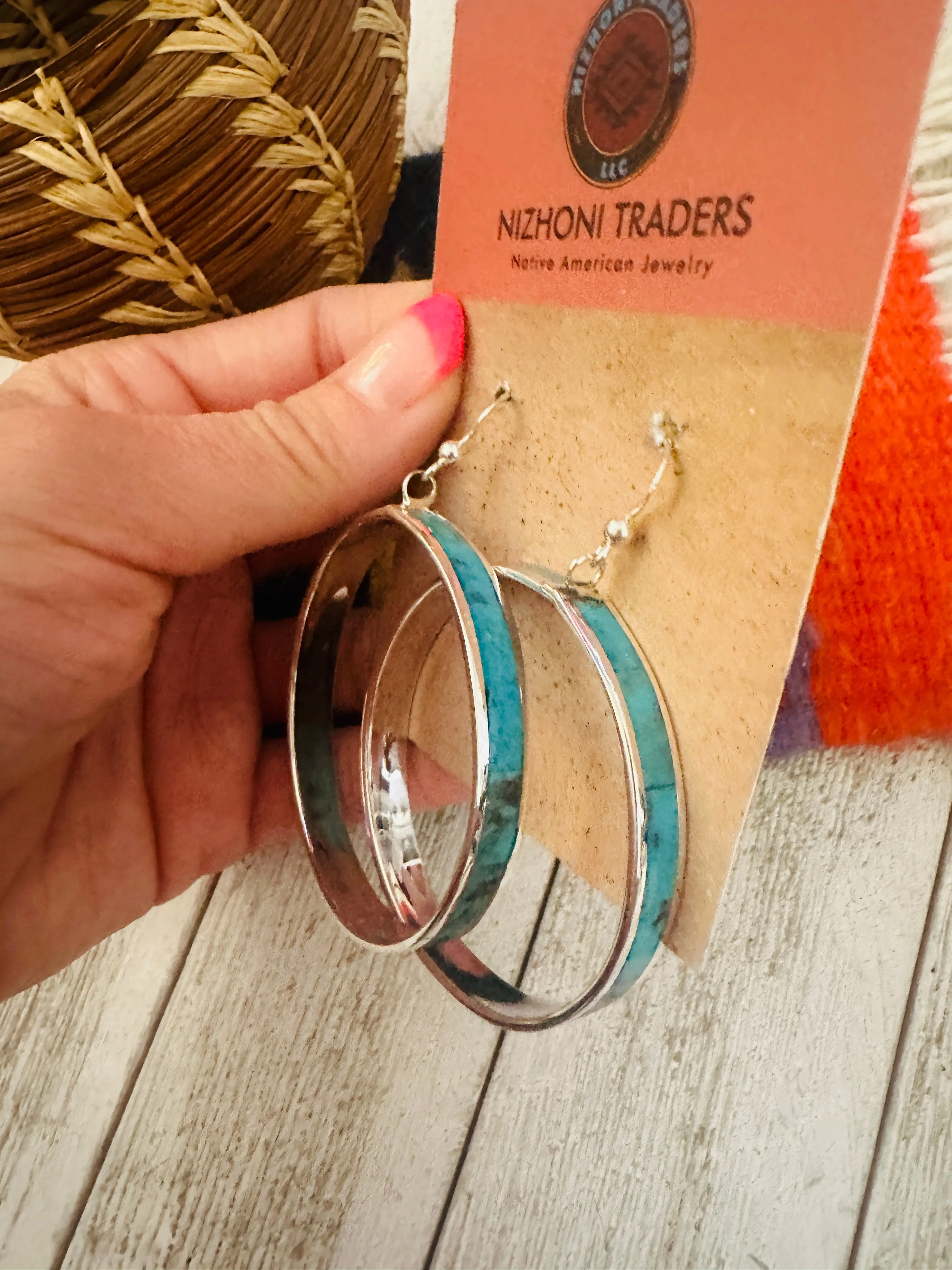 Zuni Sterling Silver & Turquoise Inlay Dangle Hoop Earrings